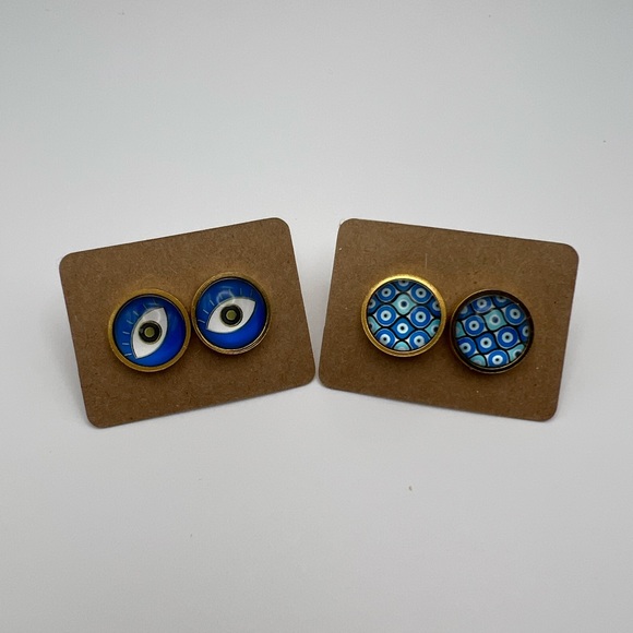 Gold Evil Eye Stud Earrings - Trendy Boho Chic Small Earrings - Stylish Studs - Picture 11 of 14